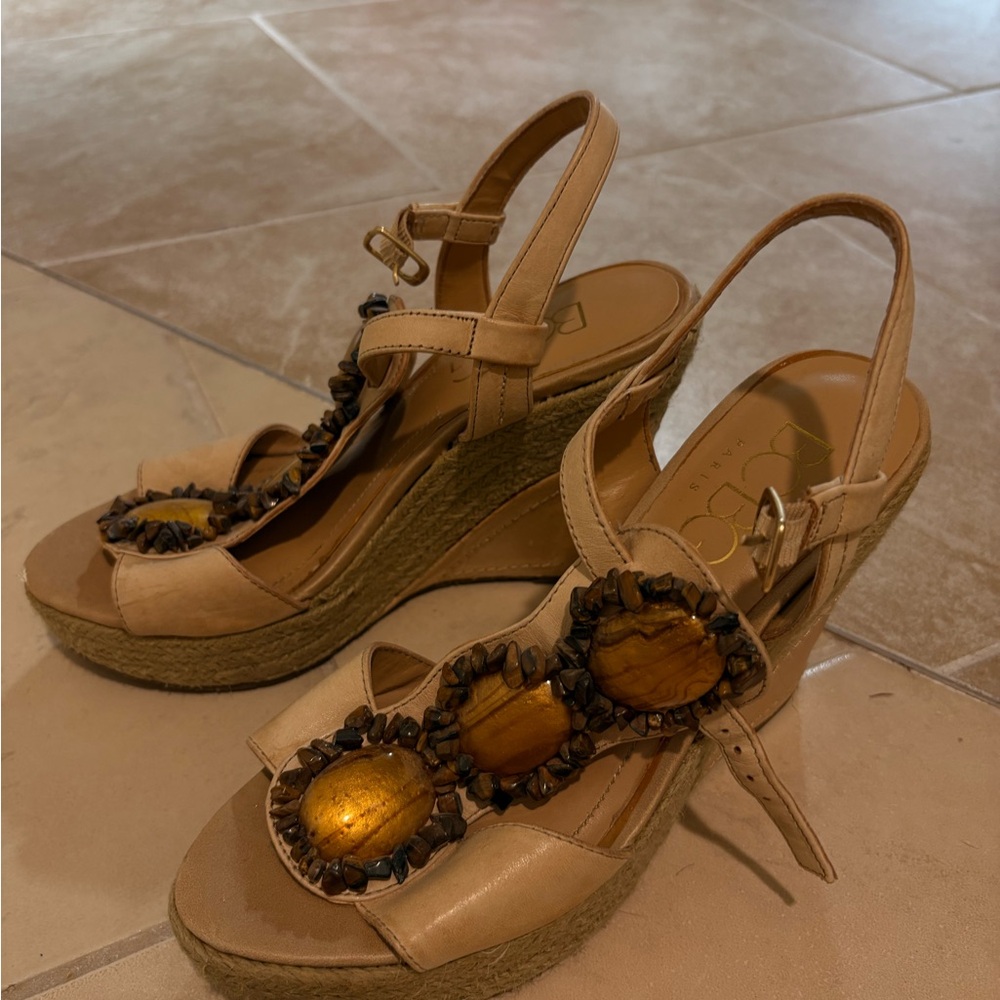 Beige Wedge Sandals with Gemstone Accents BCBG